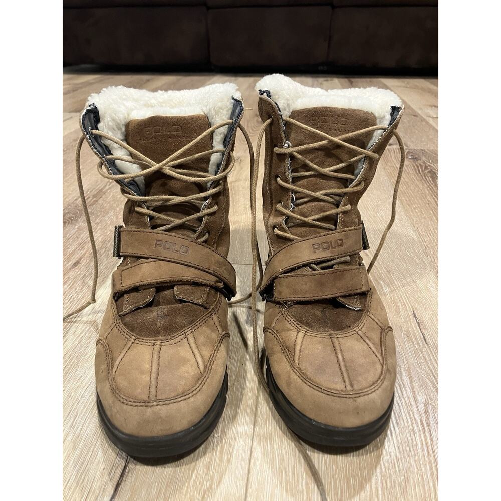 Polo Ralph Lauren Boots Boys Sz 6 Tan Leather Faux Fur Lined Trail Hike Gorpcore